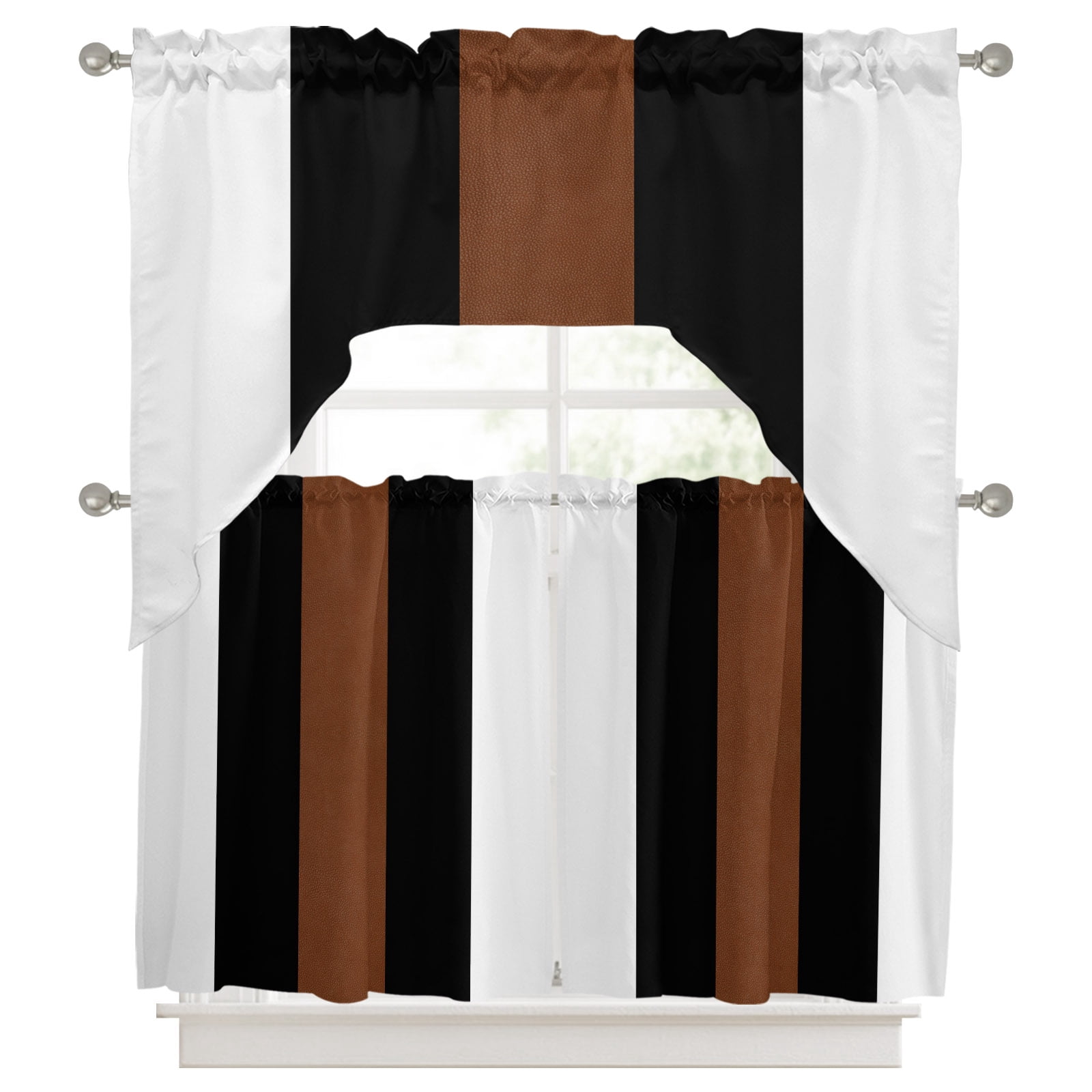 Boho Black Swag Valance and Tier Set of 3, Brown and White Striped ...