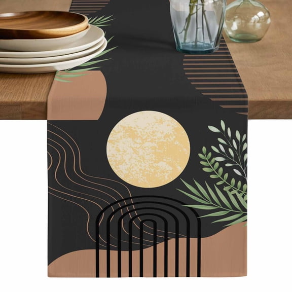 Boho Black Table Runner, Brown Modern Stripes Moon Abstract Leaf Washable Cotton Linen Table Runners 36 Inches Long, Dresser Scarf Runner for Nightstand/End Tables/Round Tables 13''x36''