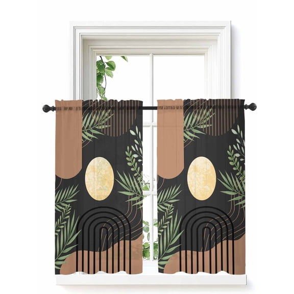 Boho Black Tier Curtains 45 Inch Length,Sheer Curtains for Bedroom Living Room Window Brown Modern Stripes Moon Abstract Leaf Rod Pocket Drapes Kitchen Curtains Small Half Window 27.5"x45" 2 Panels