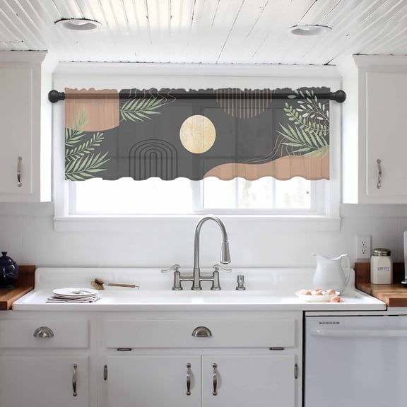 Boho Black Valance Curtains for Kitchen/Living Room/Bathroom/Bedroom Window, Brown Modern Stripes Moon Abstract Leaf Rod Pocket Small Topper Half Short Window Curtains Voile Sheer Scarf 42"x12"