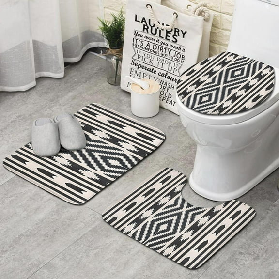Boho Black and White Diamond Central Ethnic Pattern Bathroom Rugs Sets 3 Piece,Toilet Cover Set,Absorbent Non Slip Bathroom Mats Sets with U-Shaped Contour Rug Toilet Rug Set