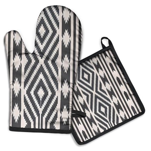 Boho Black and White Diamond Central Ethnic Pattern Kitchen Oven Mitt and Pot Holder Sets 2 Pcs for Baking, Cooking and Grilling, Heat Resistant Up To 392 °F