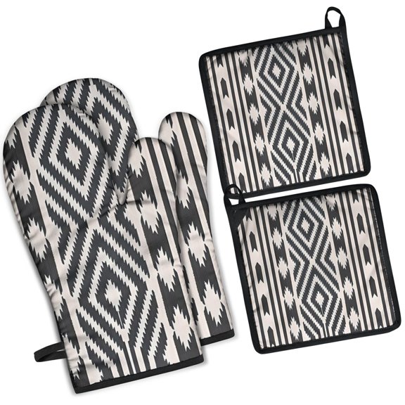 Boho Black and White Diamond Central Ethnic Pattern Kitchen Oven Mitt and Pot Holder Sets 4 Pcs for Baking, Cooking and Grilling, Heat Resistant Up To 392 °F