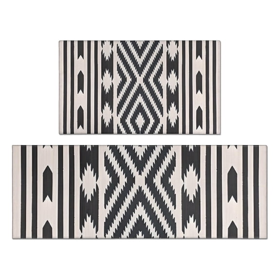 Boho Black and White Diamond Central Ethnic Pattern Kitchen Rugs Sets Of 2,Anti Fatigue Kitchen Mat Rugs Non Slip Washable,Decorative Kitchen Floor Mats for Kitchen,Sink,Laundry,17"x30"+17"x47"