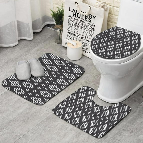 Boho Black and White Diamond Ethnic Pattern Bathroom Rugs Sets 3 Piece,Toilet Cover Set,Absorbent Non Slip Bathroom Mats Sets with U-Shaped Contour Rug Toilet Rug Set