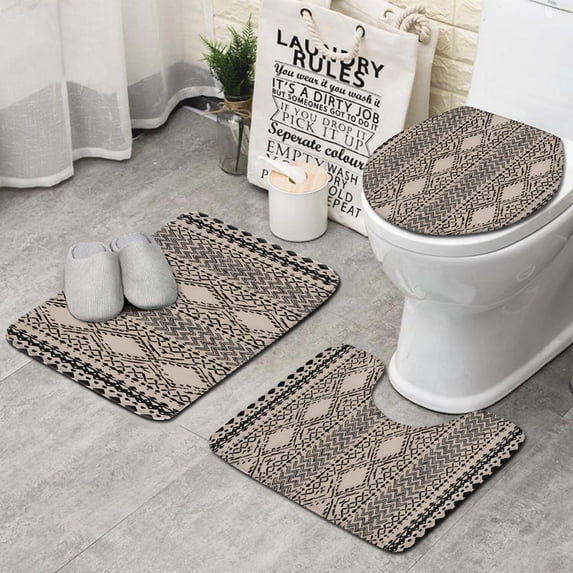Boho Black and White Ethnic Pattern Bathroom Rugs Sets 3 Piece,Toilet Cover Set,Absorbent Non Slip Bathroom Mats Sets with U-Shaped Contour Rug Toilet Rug Set