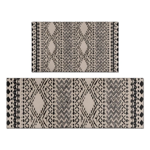 Boho Black and White Ethnic Pattern Kitchen Rugs Sets Of 2,Anti Fatigue Kitchen Mat Rugs Non Slip Washable,Decorative Kitchen Floor Mats for Kitchen,Sink,Laundry,17"x30"+17"x47"