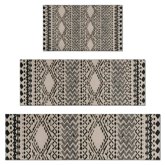 Boho Black and White Ethnic Pattern Kitchen Rugs Sets Of 3,Kitchen Runner Rugs Non Skid Washable,Decorative Kitchen Floor Mats for Kitchen,Sink,Laundry,17"x30"+ 17"x47" + 17"x59"