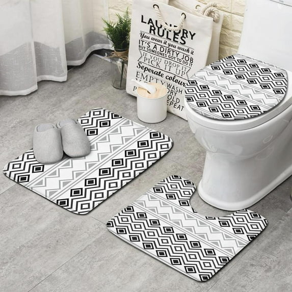 Boho Black and White Geometric Ethnic Pattern Bathroom Rugs Sets 3 Piece,Toilet Cover Set,Absorbent Non Slip Bathroom Mats Sets with U-Shaped Contour Rug Toilet Rug Set