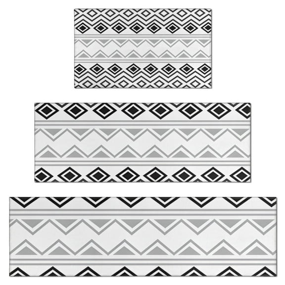 Boho Black and White Geometric Ethnic Pattern Kitchen Rugs Sets Of 3,Kitchen Runner Rugs Non Skid Washable,Decorative Kitchen Floor Mats for Kitchen,Sink,Laundry,17"x30"+ 17"x47" + 17"x59"