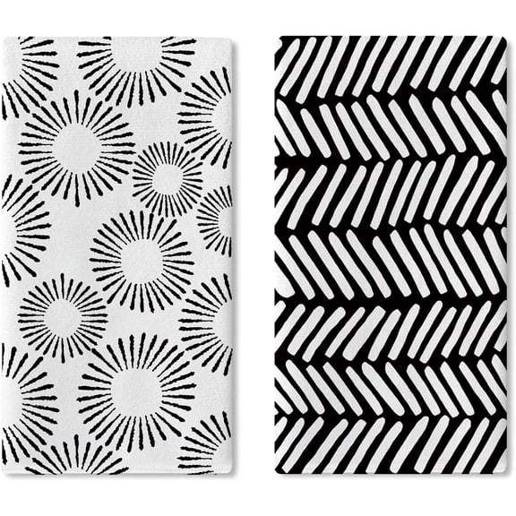 Boho Black White Geometric Kitchen Dish Towels Set of 2, Modern Abstract Flowers Line Art Drying Hand Towel Baking Cooking Cloth, Bohemian Bathroom Home Decoration 18 x 26 Inches