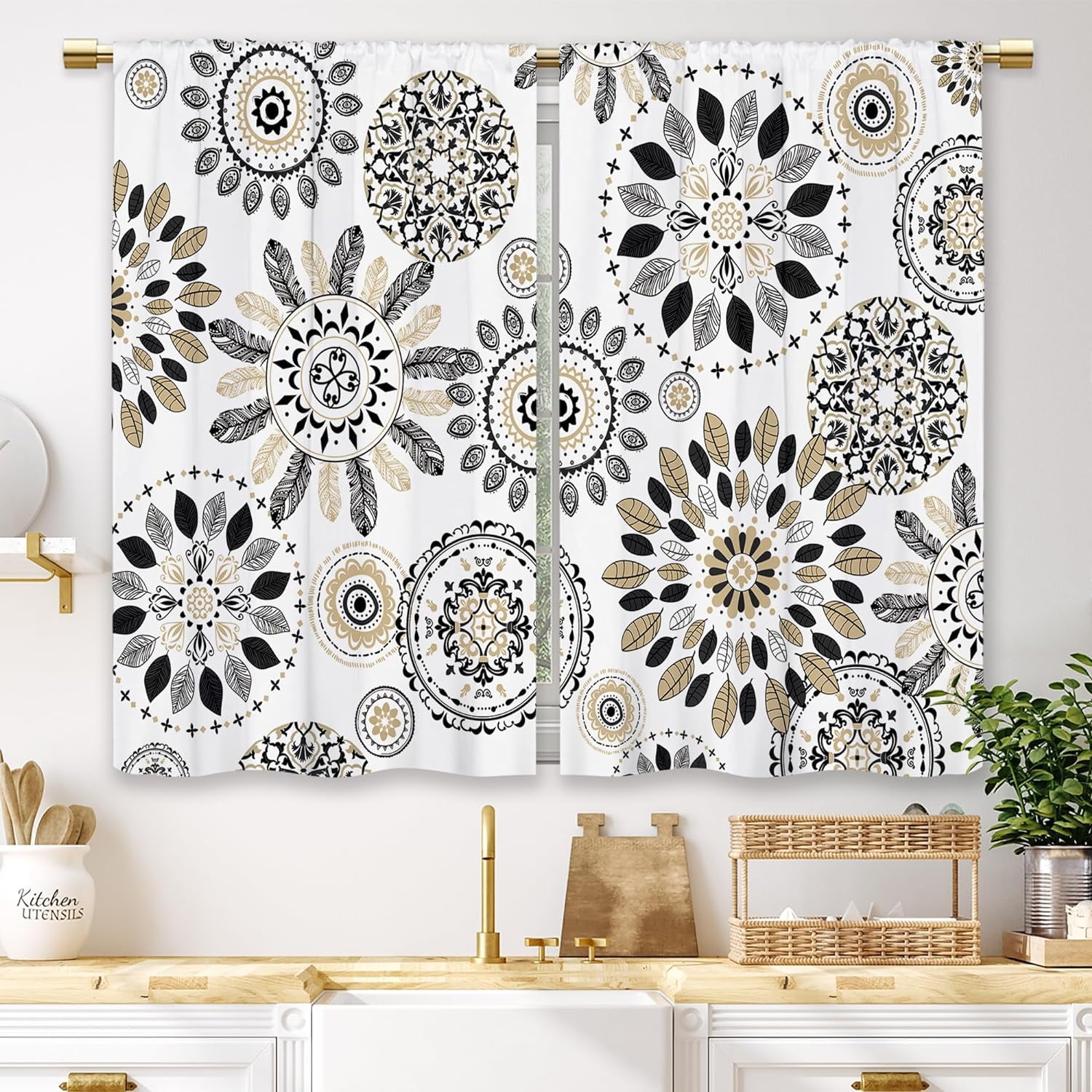 Boho Black White Mandala Floral Kitchen Curtains Modern Flower Small ...