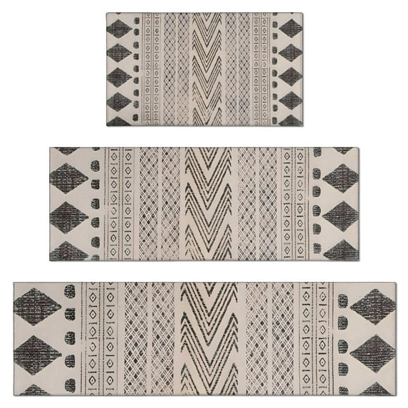 Boho Black and White Tribal Ethnic Pattern Kitchen Rugs Sets Of 3,Kitchen Runner Rugs Non Skid Washable,Decorative Kitchen Floor Mats for Kitchen,Sink,Laundry,17"x30"+ 17"x47" + 17"x59"