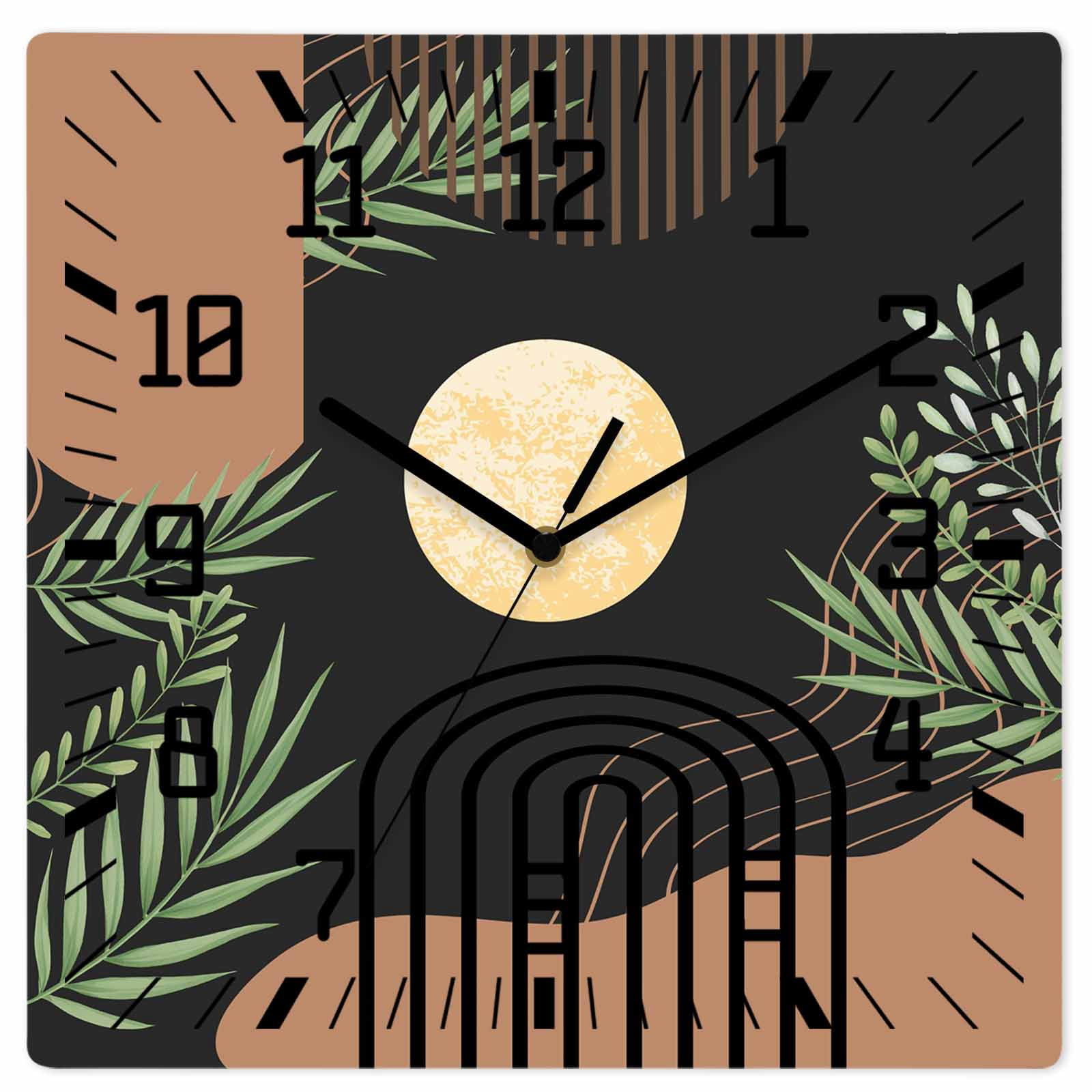 Boho Black Wooden Wall Clock Silent Non Ticking, Brown Modern Stripes ...