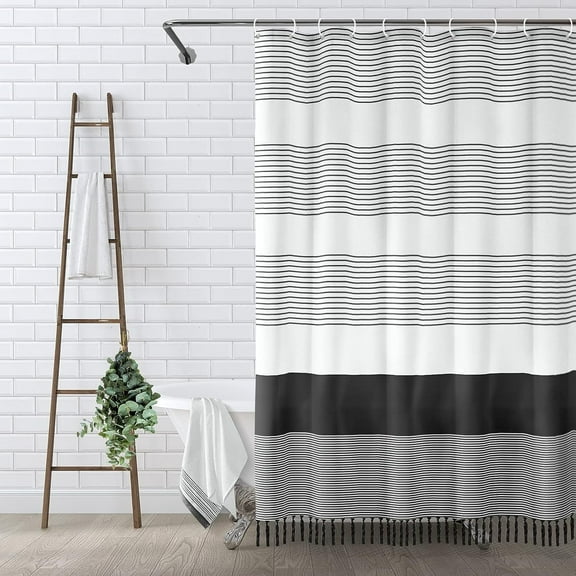 Psoiuetr Boho Black and White Shower Curtain for Bathroom Stripe Tassel Fabric Shower Curtain 72 X 72 Inches Farmhouse Linen