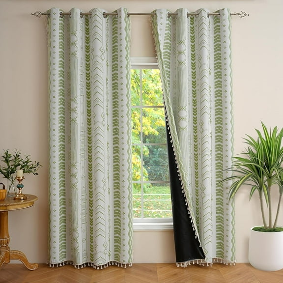 Boho Blackout Curtains, 2 Panels, 96 Inches Long, Sage Green Thermal Insulated, Southwest Patterned Western Style, for Living Room and Bedroom