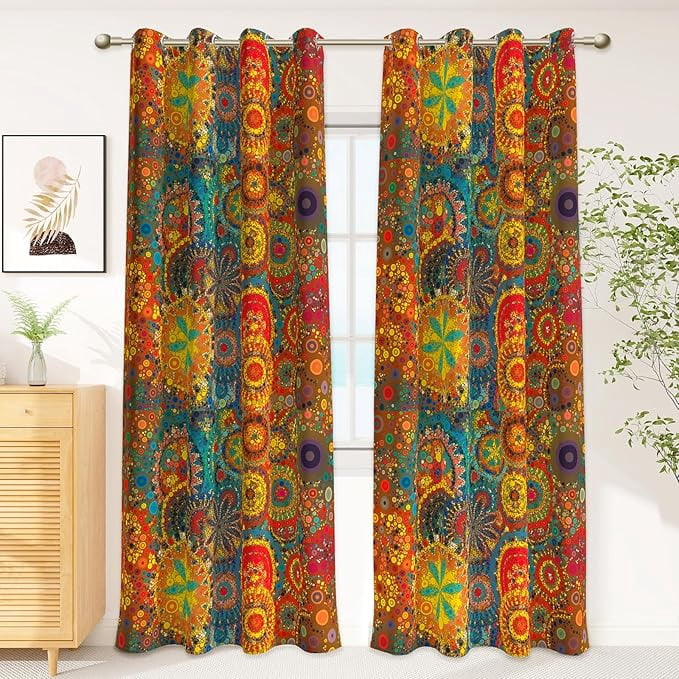 Boho Blackout Curtains For Bedroom & Living Room, 80% Blackout, Colorful Bohemian Hippie Pattern, Multicolor Funky Abstract, Classic Modern Rustic Window Curtains 53"W x 84"L (Pack of 2)