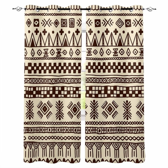 Boho Blackout Curtains for Bedroom/Living Room, Thermal Insulated Kitchen Curtains, Beige Brown Traditional Ethnic Geometric Motifs Grommet Darkening Window Treatment Drapes 42"x63"x2