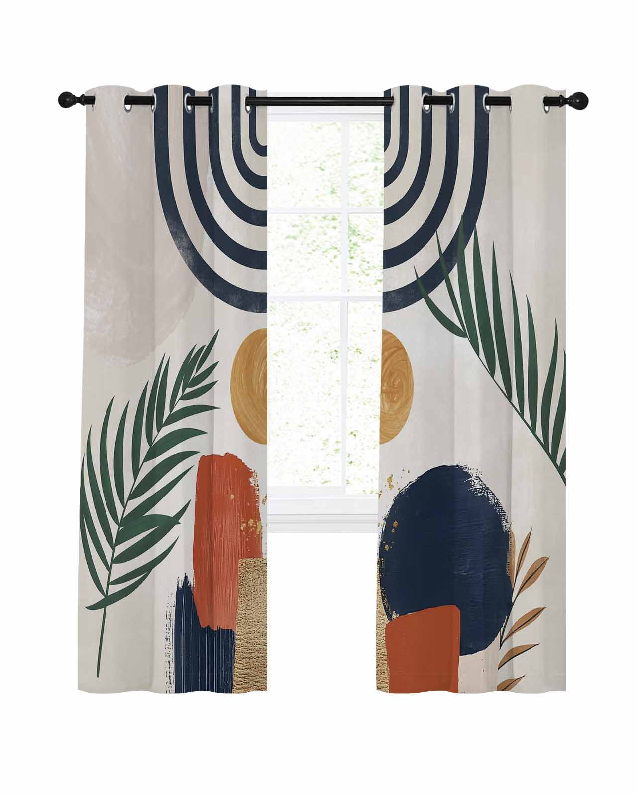 Boho Blackout Curtains, Light Blocking Print Window Curtains, Middle Century Leaves Bohemia Minimalist Abstract Art Beige Thermal Insulated Window Drapes for Living Room 2 Panels, 84"W x 84"L