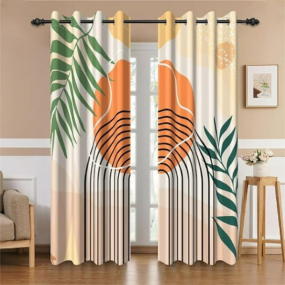 Boho Blackout Curtains, Mid Century Abstract Sun Window Curtains For Living Room Green Leaves Room Darkening Drapes With Grommets 26"W x 45"L (Pack of 2)
