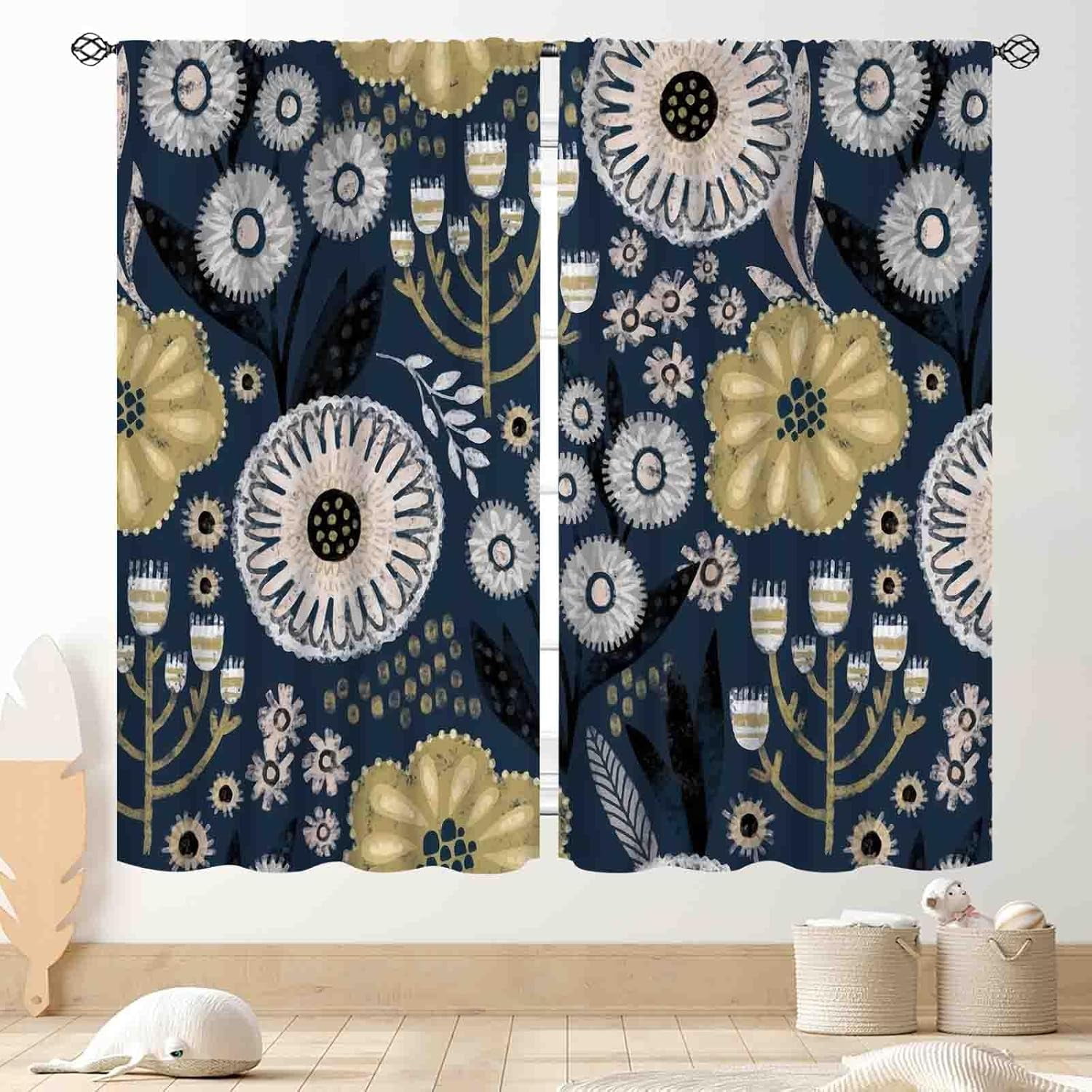 Boho Blackout Curtains, Retro Country Style Paisley Floral Mandala Indian Bohemian Wild Flower Navy Blue Window Curtains for Living Room Bedroom Kitchen Bathroom 2 Panels, 84"x63" Inch