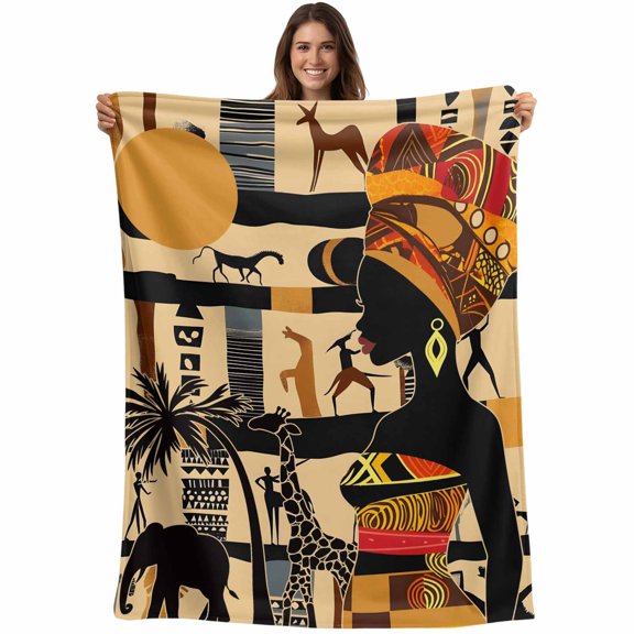 Boho Blanket Soft Cozy Warm Throw Blanket for Couch, Plush Fuzzy Flannel Fleece Blankets for Sofa, Ethnic Nation Black Women Animals Palm Tree Bed Blankets Lightweight Gifts for Women, 30"x40"