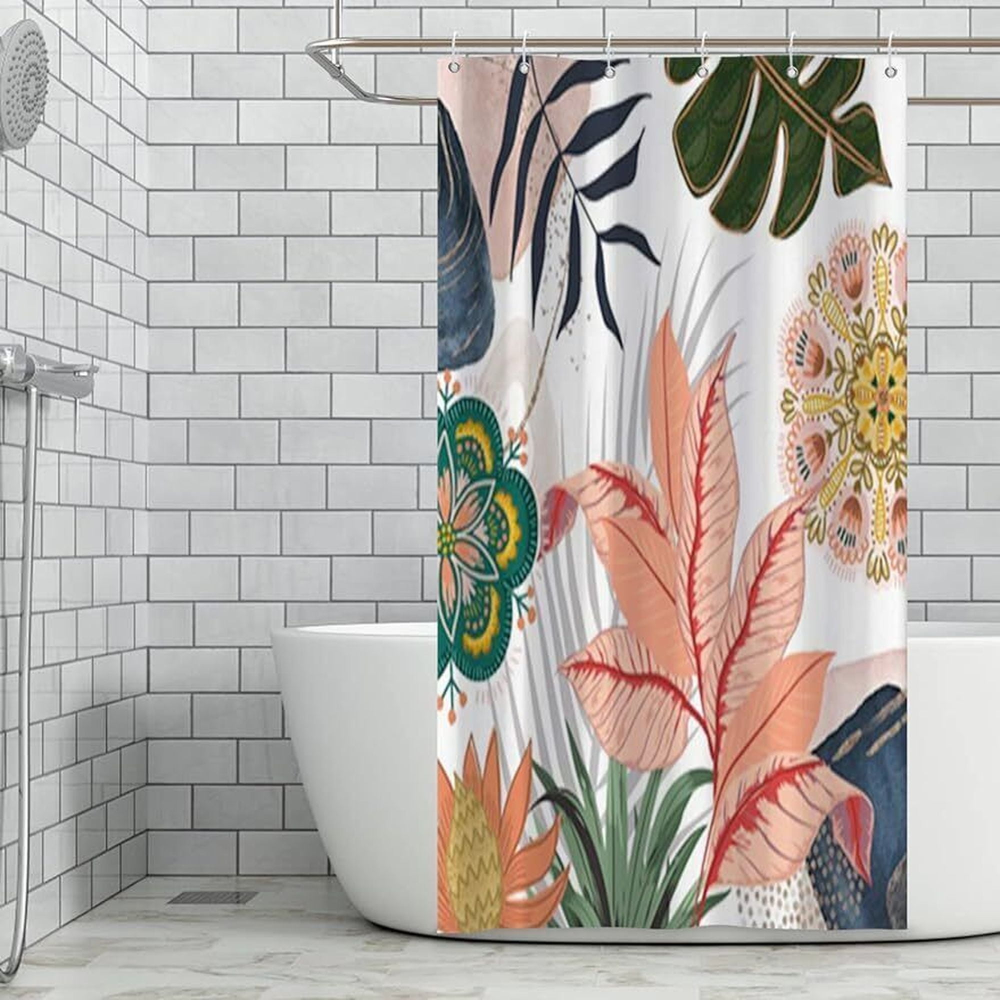 Boho Bloom: Colorful Floral Shower Curtain with Tropical Leaves ...