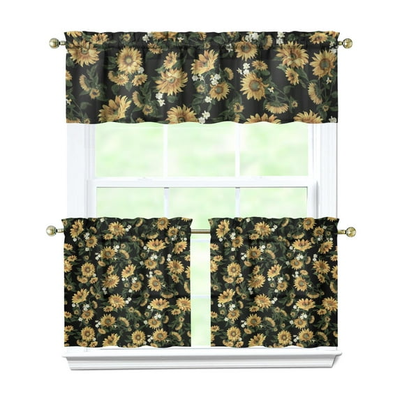 Boho Bloom Curtains 24 Inch Short - 3 Panel Rustic Farmhouse Set with Vintage Wildflower Print, Rod Pocket Kitchen Window