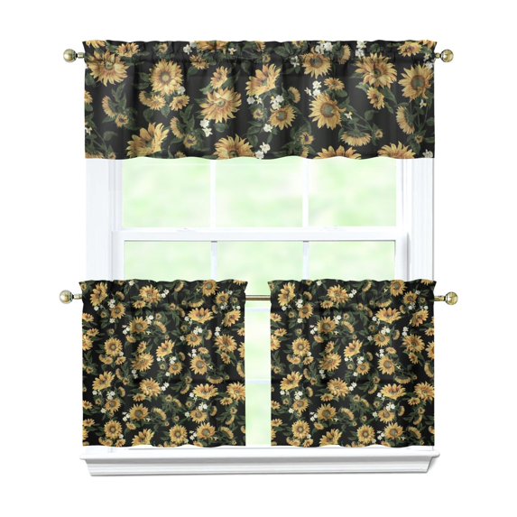 Boho Bloom Curtains 24 Inch Short - 3 Panel Rustic Farmhouse Set with Vintage Wildflower Print, Rod Pocket Kitchen Window