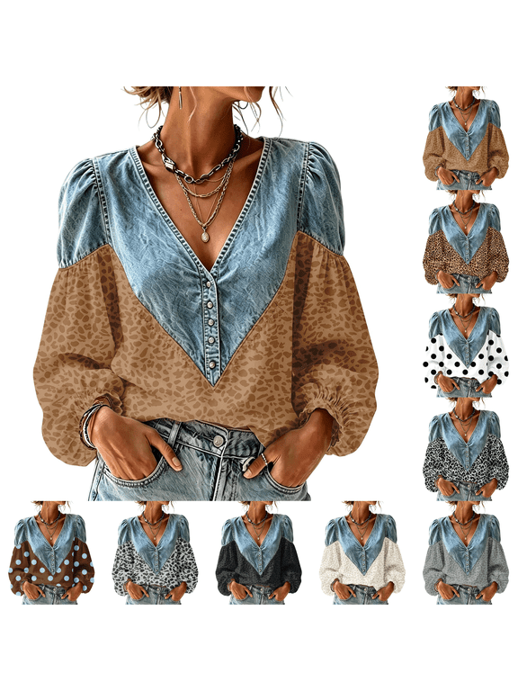 Boho Blouses for Women Fall Denim Patchwork Peasant Blouse Leopard Print Western Tops Polka Dot Cute Cozy Chambray top Plus Size Trending Fall Clothes