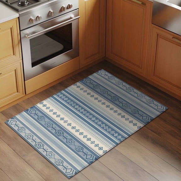Boho Blue 2x3 Rug for Entryway Front Door Kitchen Sink Area, Stripes Abstract Geometric Texture Low Pile Washable Non Slip Rectangle Area Rug