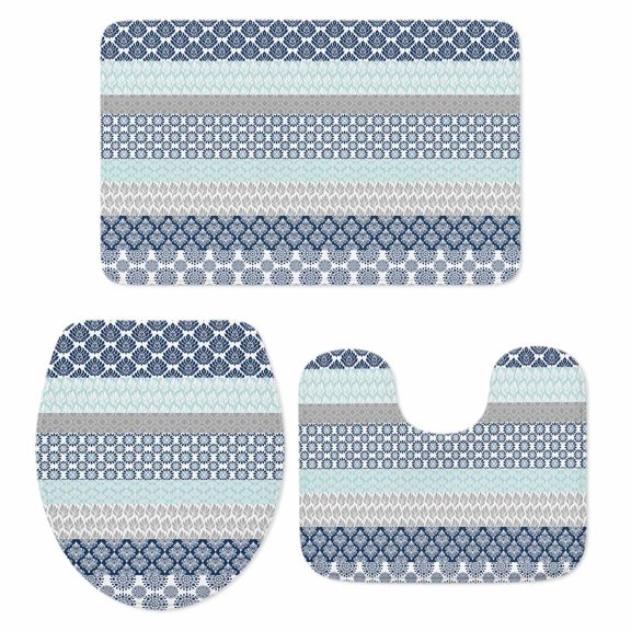 Boho Blue Aqua Bath Mat 3 Piece Bathroom Rug Set, Geometric Stripes Tribal Bohemia Retro Non Slip Bath Rug Contour Mat and Toilet Lid Cover, Absorbent Shower Mats Soft Bath Rugs and Mats Sets