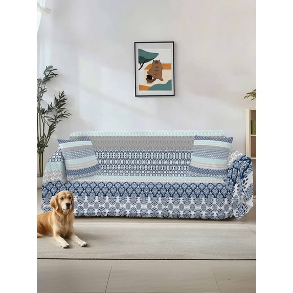 Boho Blue Aqua Couch Cover Sofa Covers 3 Cushion Sectional Couch, Geometric Stripes Tribal Bohemia Retro Washable Sofa Covers Slipcover Sectional Sofa Cover, Furniture Protector 71"x150"