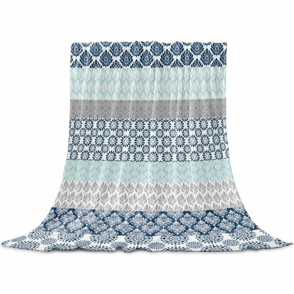 Boho Blue Aqua Flannel Blanket for Bed, Geometric Stripes Tribal Bohemia Retro Soft Cozy Warm Couch Throw Blanket, Lightweight Fluffy Plush Bedding Blankets for Sofa Decor All Season 31.5"x47"