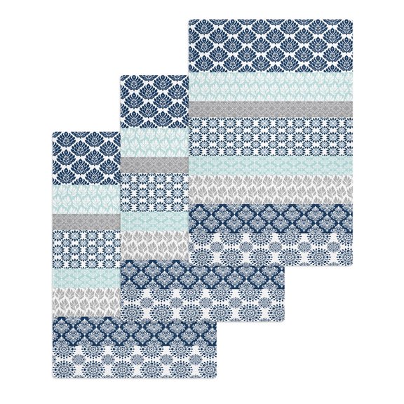 Boho Blue Aqua Hand Towels Set,Waffle Weave Kitchen Towels 3 Pieces,Geometric Stripes Tribal Bohemia Retro Microfiber Hair Face Bath Tea Towel Absorbent Quick Drying Cleaning Dish Cloths,15.7"x23.6"