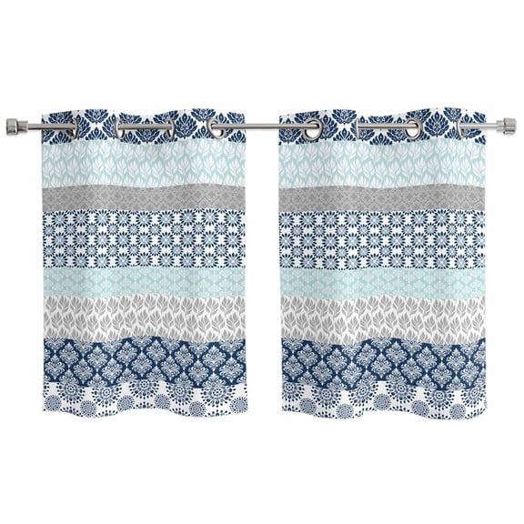 Boho Blue Aqua Kitchen Curtains Small Short 39 Inch Length, Geometric Stripes Tribal Bohemia Retro Grommet Top Bedroom Living Room Curtains, Light Filtering Cafe Curtain Drapes 2 Panels Set 55''x39''