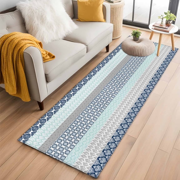 Boho Blue Aqua Kitchen Runner Rug 2x6 Washable Runners for Hallway Non Slip Geometric Stripes Tribal Bohemia Retro Large Area Rug Indoor Floor Carpet for Bathroom Laundry Entryway Bedroom Living Room