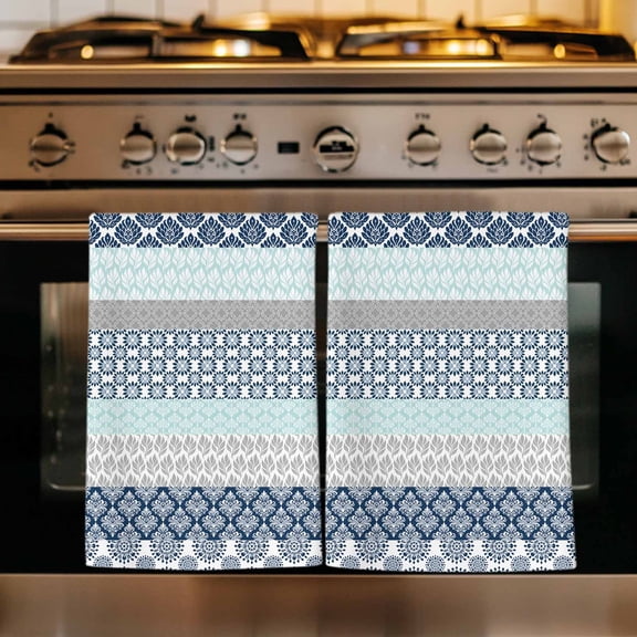 Boho Blue Aqua Kitchen Towels Set of 1, Geometric Stripes Tribal Bohemia Retro Absorbent Dish Towels for Kitchen, Microfiber Hand Towel, Quick Drying Tea Towel for Cleaning Decorative Dishcloths