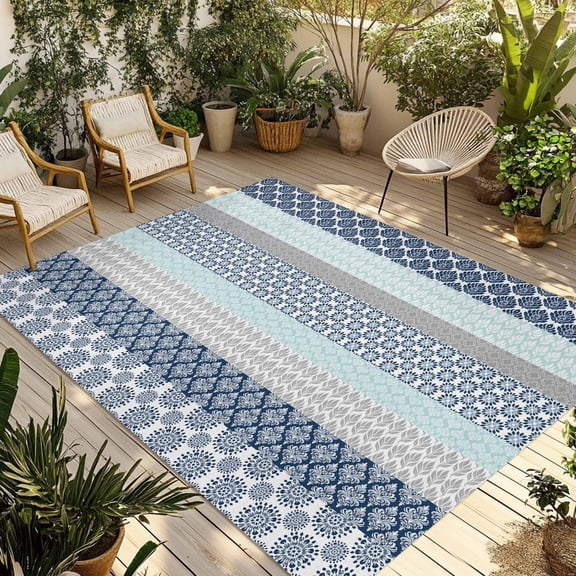 Boho Blue Aqua Outdoor Rug 4x6 Ft - Reversible Patio Rug Outdoor Camping Rugs, Geometric Stripes Tribal Bohemia Retro Washable Indoor Outdoor Area Rugs, Non-Slip Outdoor Carpet Runner for Deck/Porch