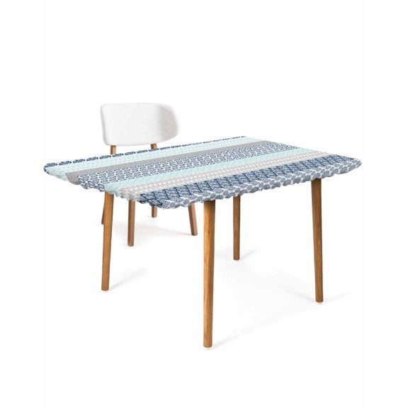 Boho Blue Aqua Rectangle Tablecloth, Waterproof Elastic Fitted Table Covers for 3 Foot Tables, 24x36inch Decorative Tablecloths for Picnic, Camping, Outdoor, Geometric Stripes Tribal Bohemia Retro
