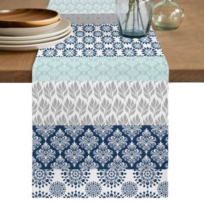 Boho Blue Aqua Short Table Runner 36 Inches Long,Geometric Stripes Tribal Bohemia Retro Cotton Linen Table Runners Dresser Scarves,Fabric Tabletop Scarf Furniture Cover for Home Dinner Party 13"x36"