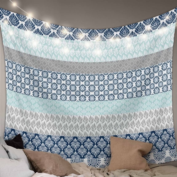 Boho Blue Aqua Small Tapestry for Bedroom Wall Hanging Tapestry, Geometric Stripes Tribal Bohemia Retro Ceiling Backdrop Tapestries Poster Blanket Wall Decor for Teens Room Living Room Dorm 23" x 28"