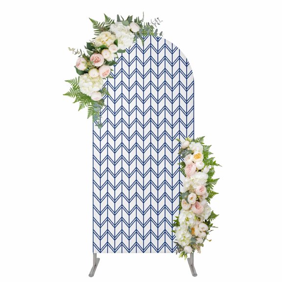 Boho Blue Arch Backdrop Cover 4FT, White Chevron Stripes Abstract Geometric Spandex Fitted Stretchy Arch Stand Covers, Round Top Chiara Backdrop Cover for Wedding Party Birthday Baby Shower