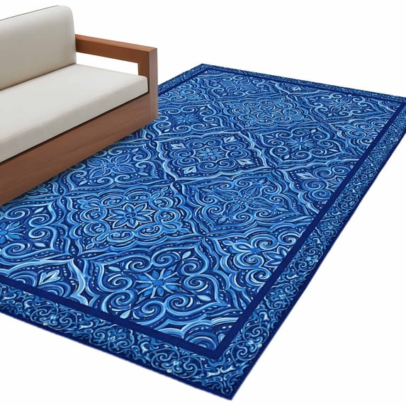 Boho Blue Area Rug 4x6 Washable Rug Non Slip Ethnic Vintage Abstract Tribal Floral Art Large Area Rug Indoor Floor Carpet for Entryway Bedroom Kitchen Living Room Home Office Dining Room Nursery