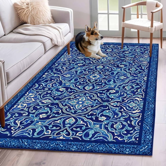 Boho Blue Area Rugs 3'x5', Washable Small Throw Rugs for Living Room Bedroom, Ethnic Western Abstract Tribal Floral Art Indoor Outdoor Rug Non-Slip Low Pile Carpet Runner Reversible Floor Mats