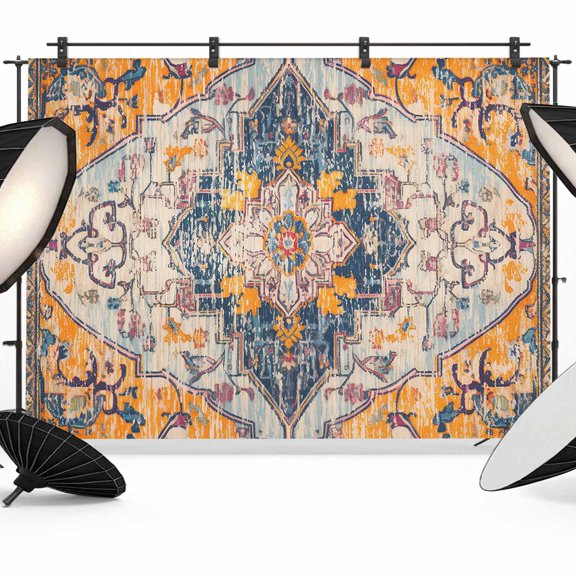 Boho Blue Backdrop for Photoshoot,Photography Photo Studio Background Wall Backdrop,Ethnic Middle Century Geometric Abstract Art Back Drop Banner Panel for Portraits Wedding Live Streaming 7x5Ft