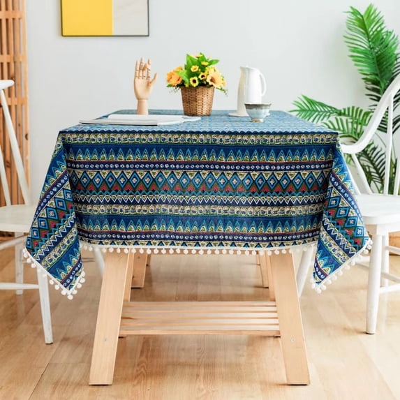 Boho Blue Bohemian Cotton Linen Fabric, Stitching Pom-poms Rectangle Tablecloth for Kitchen | Dining | Tabletop | Decoration | Tea Party | Weddings | Farmhouse (55x102 Inches)