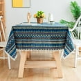 thumbnail image 1 of Boho Blue Bohemian Cotton Linen Fabric, Stitching Pom-poms Rectangle Tablecloth for Kitchen | Dining | Tabletop | Decoration | Tea Party | Weddings | Farmhouse (55x55 Inches), 1 of 12