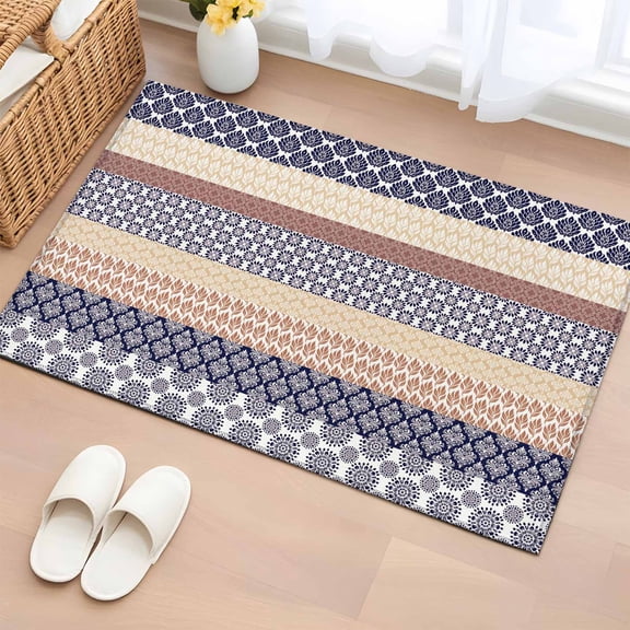 Boho Blue Brown Bathroom Rug Washable 2x3 Entryway Rug Non Slip Geometric Stripes Tribal Beige Bohemia Front Door Mat Low Pile Indoor Doormat Throw Floor Carpet for Kitchen Bedroom Entrance