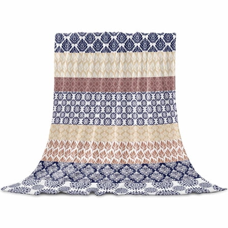 Boho Blue Brown Flannel Blanket for Bed, Geometric Stripes Tribal Beige Bohemia Soft Cozy Warm Couch Throw Blanket, Lightweight Fluffy Plush Bedding Blankets for Sofa Decor All Season 50"x60"
